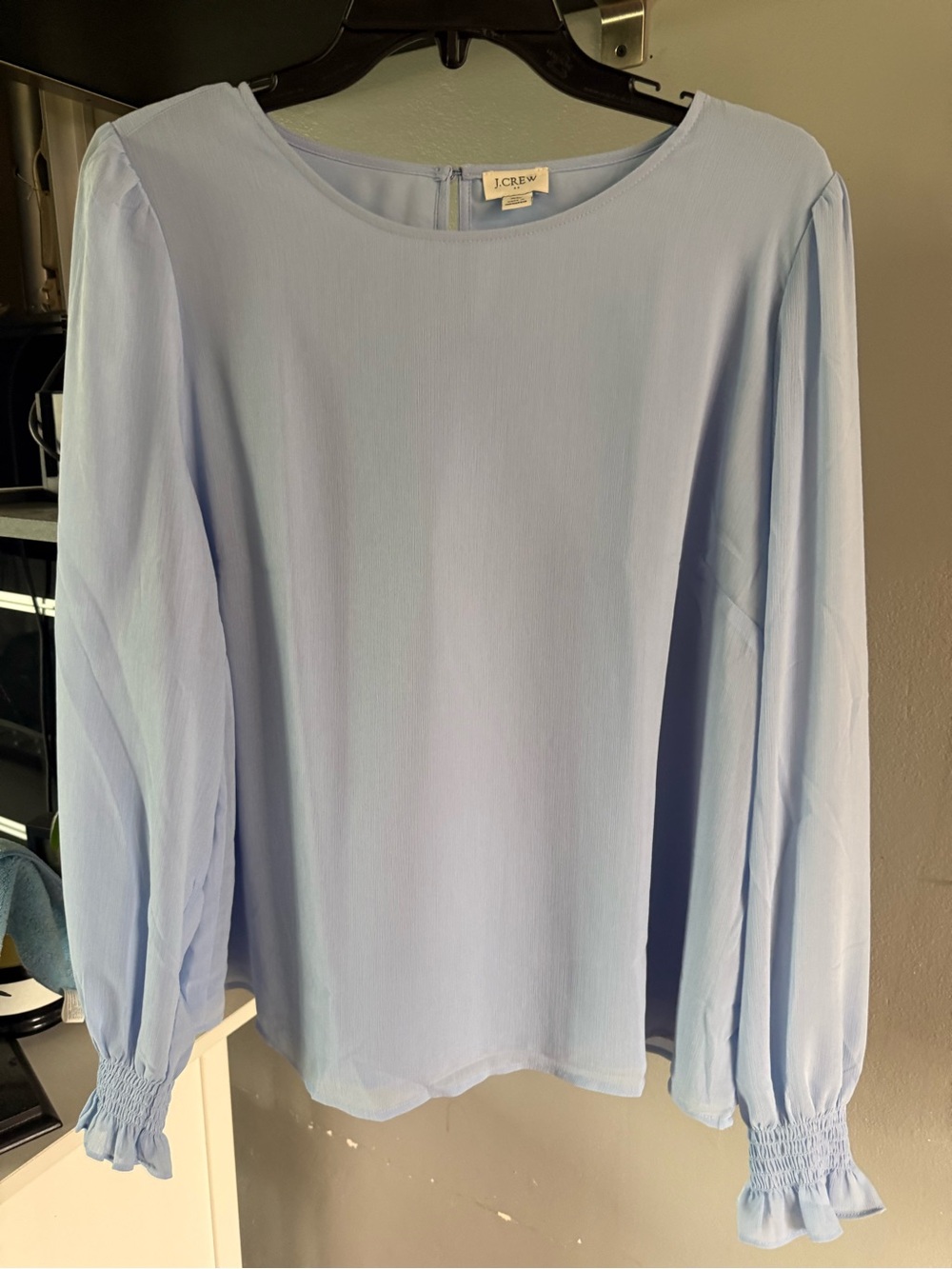 J. Crew Pale Blue Long-Sleeve Smocked Cuff Blouse